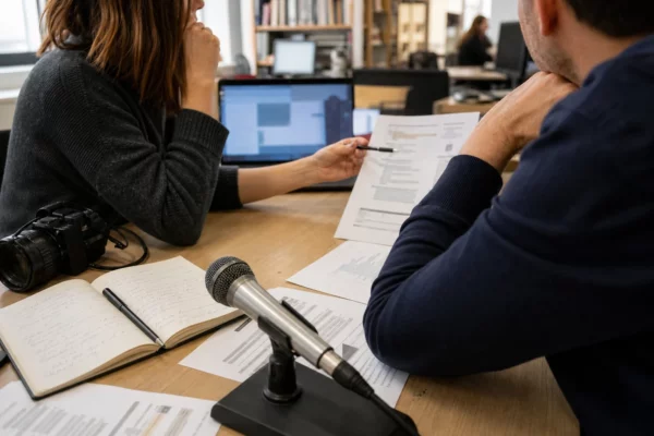 Journalistes anonymes en rédaction examinant un dossier juridique sur les pouvoirs du maire et le droit au mariage