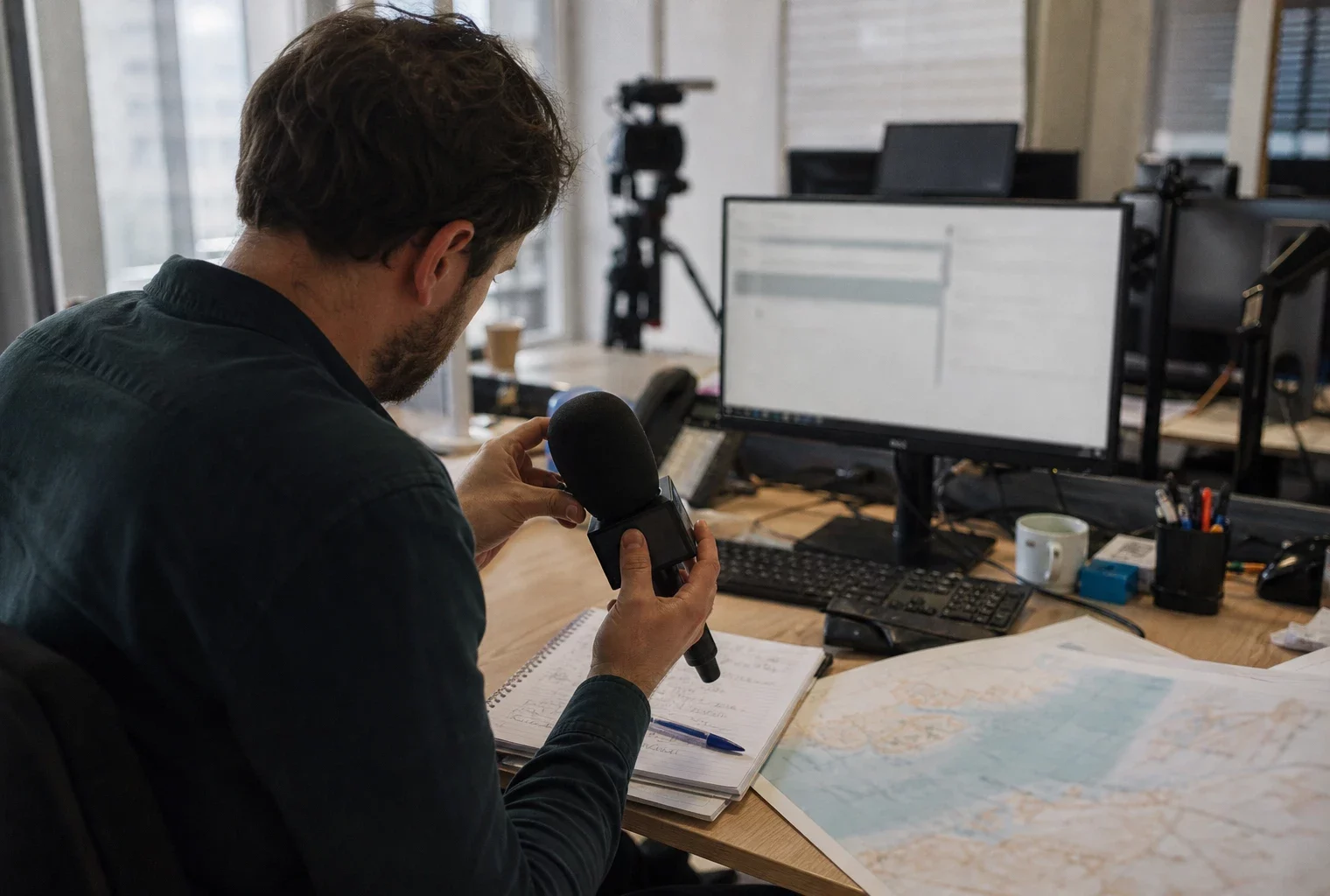 Journaliste préparant un sujet sur un accord migratoire dans une rédaction française, avec carte floue et micro de presse