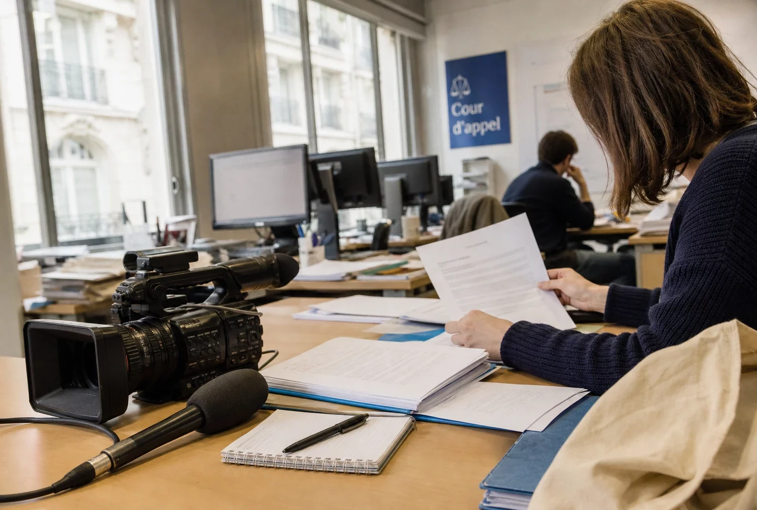 Rédaction française préparant la couverture d’un procès d’appel, avec caméra, micro et dossier juridique flou