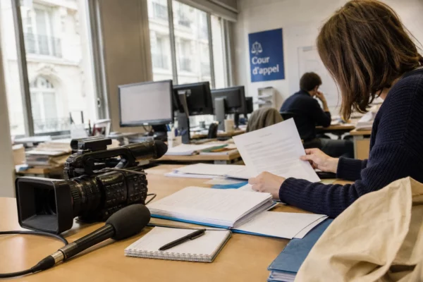 Rédaction française préparant la couverture d’un procès d’appel, avec caméra, micro et dossier juridique flou