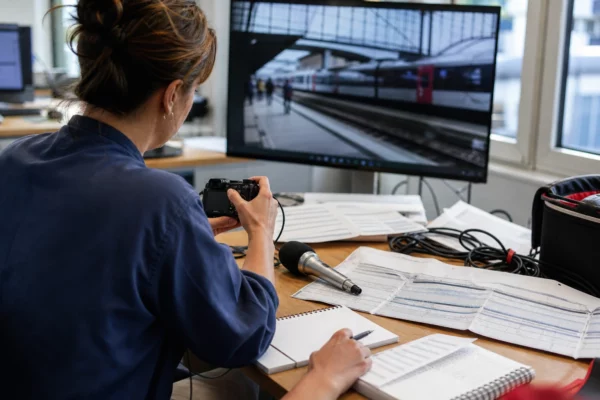 Journaliste dans une rédaction française préparant un sujet sur un train de nuit européen