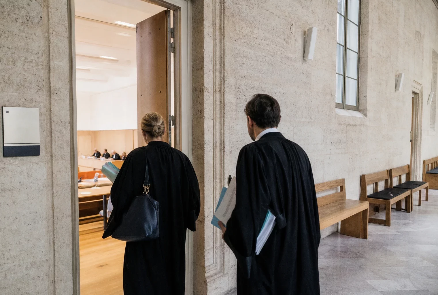 Couloir clair d’une institution publique française menant à une salle d’audition sur le débat constitutionnel