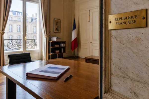 Bureau institutionnel français éclairé par une fenêtre, avec dossier fiscal fermé et plaque République française