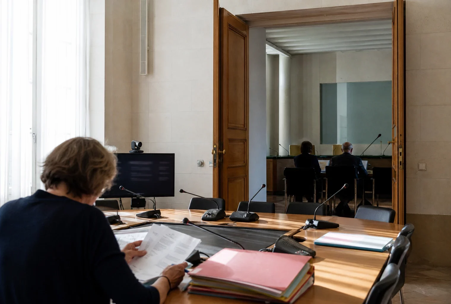 Salle claire d’un régulateur audiovisuel français avec micros, dossiers et écran de visioconférence éteint