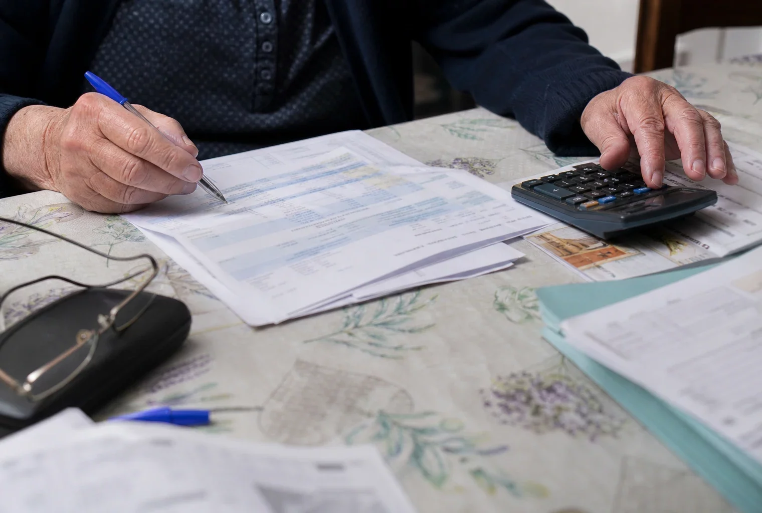 Relevé bancaire, calculatrice et papiers administratifs sur une table, pour illustrer l’impact d’une pension gelée.