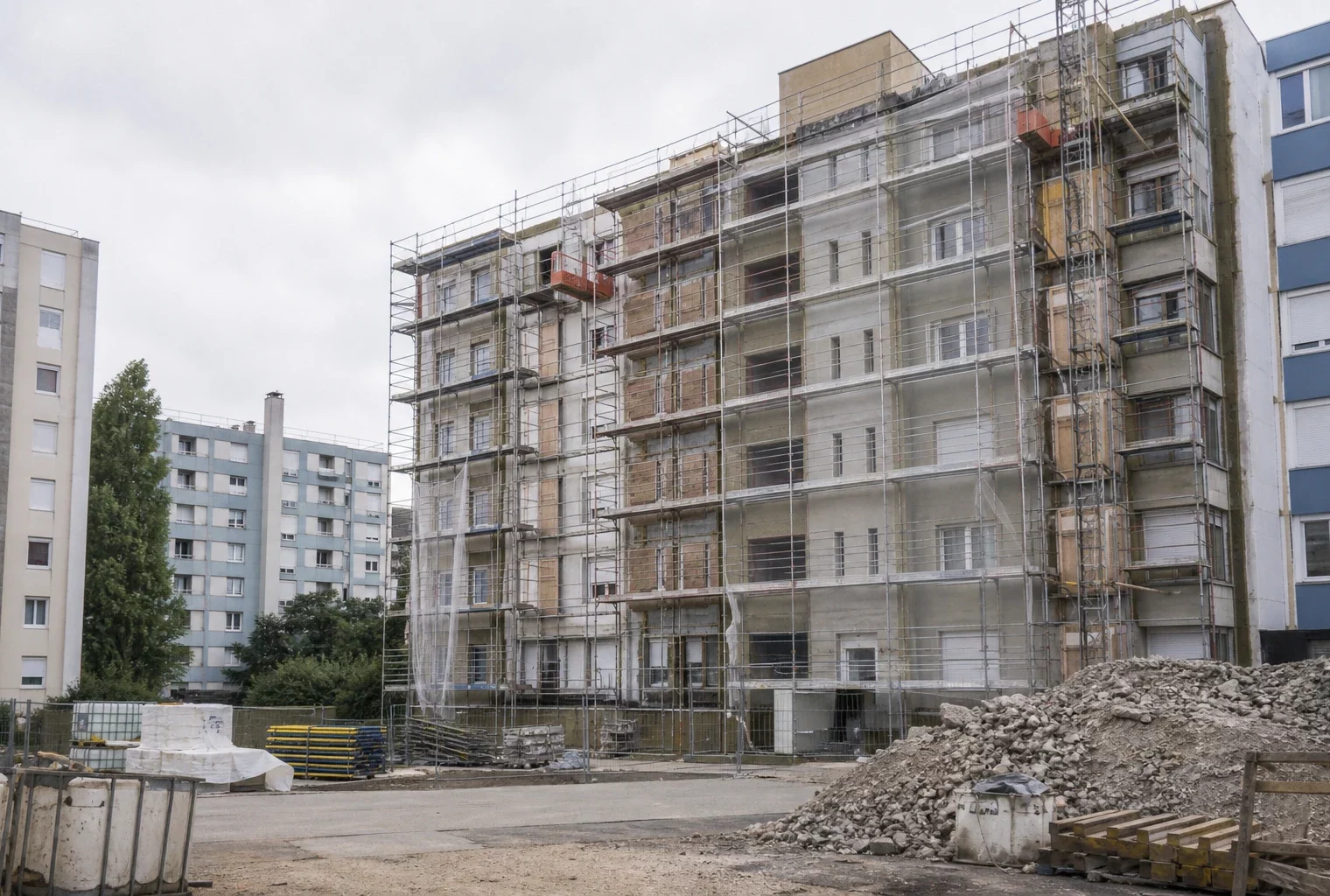 Des immeubles HLM en rénovation, avec échafaudages et matériel de chantier, illustrent l’enjeu du logement social.