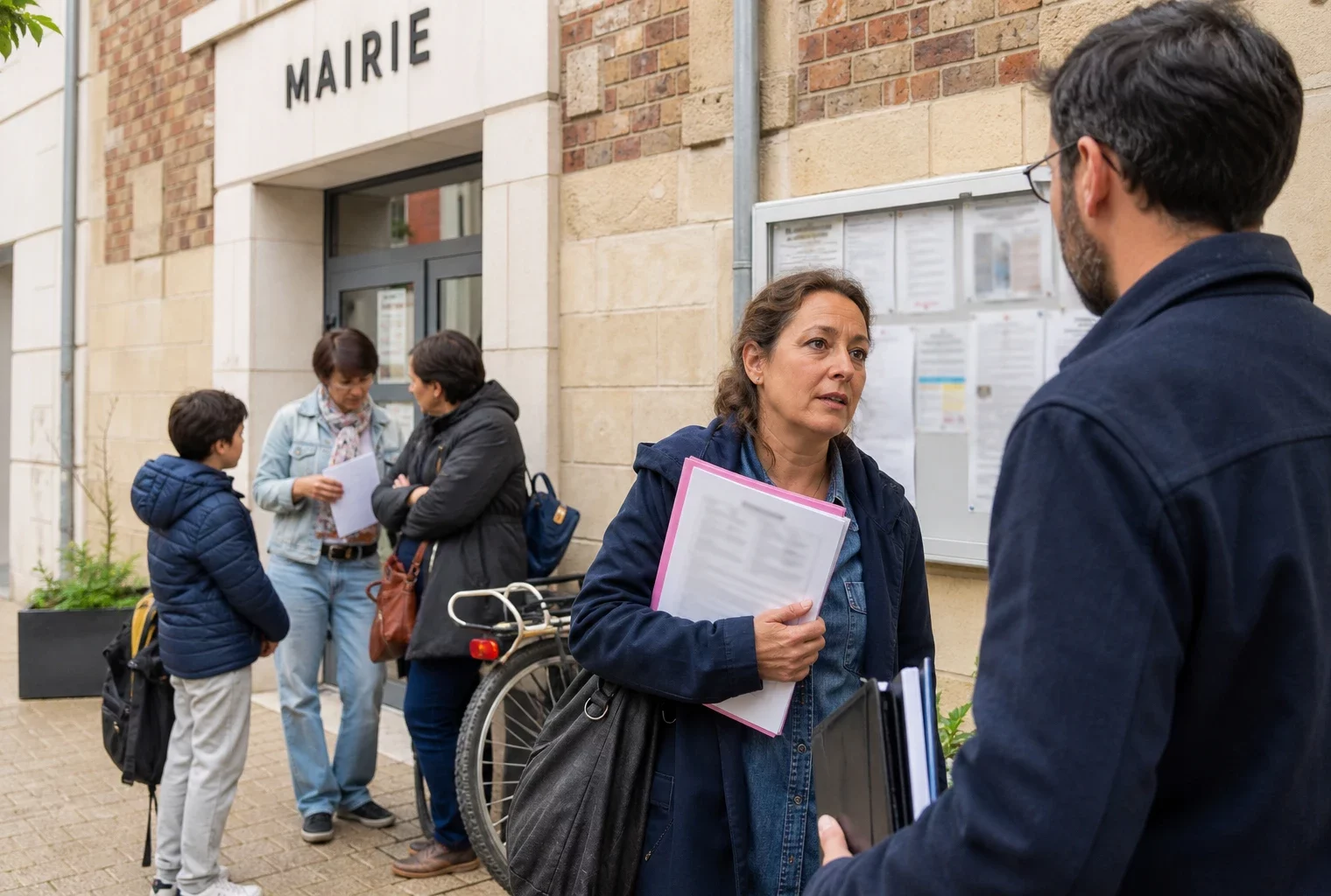 Habitants échangeant devant une mairie française autour des difficultés d’accès au logement social
