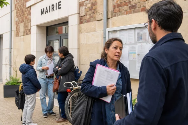 Habitants échangeant devant une mairie française autour des difficultés d’accès au logement social