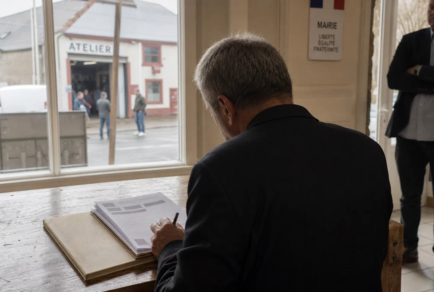 Élu local anonyme étudiant un dossier de reprise d’entreprise dans une mairie française lumineuse