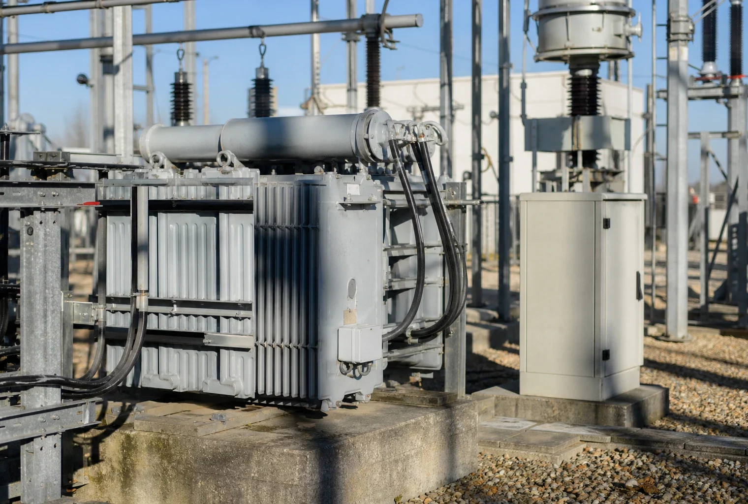 Poste électrique avec transformateurs et câbles, illustrant les réseaux énergétiques évoqués dans le projet européen.