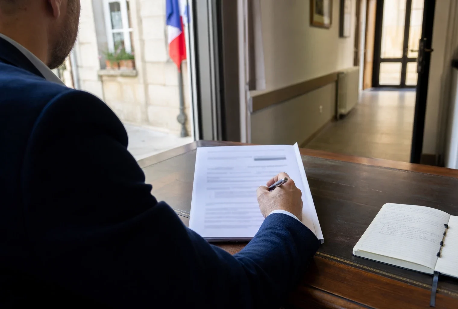 Élu local anonyme examinant un dossier dans une mairie française, après une controverse au sein de la police municipale