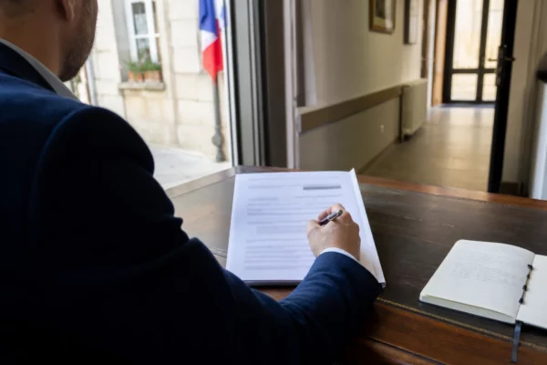 Élu local anonyme examinant un dossier dans une mairie française, après une controverse au sein de la police municipale