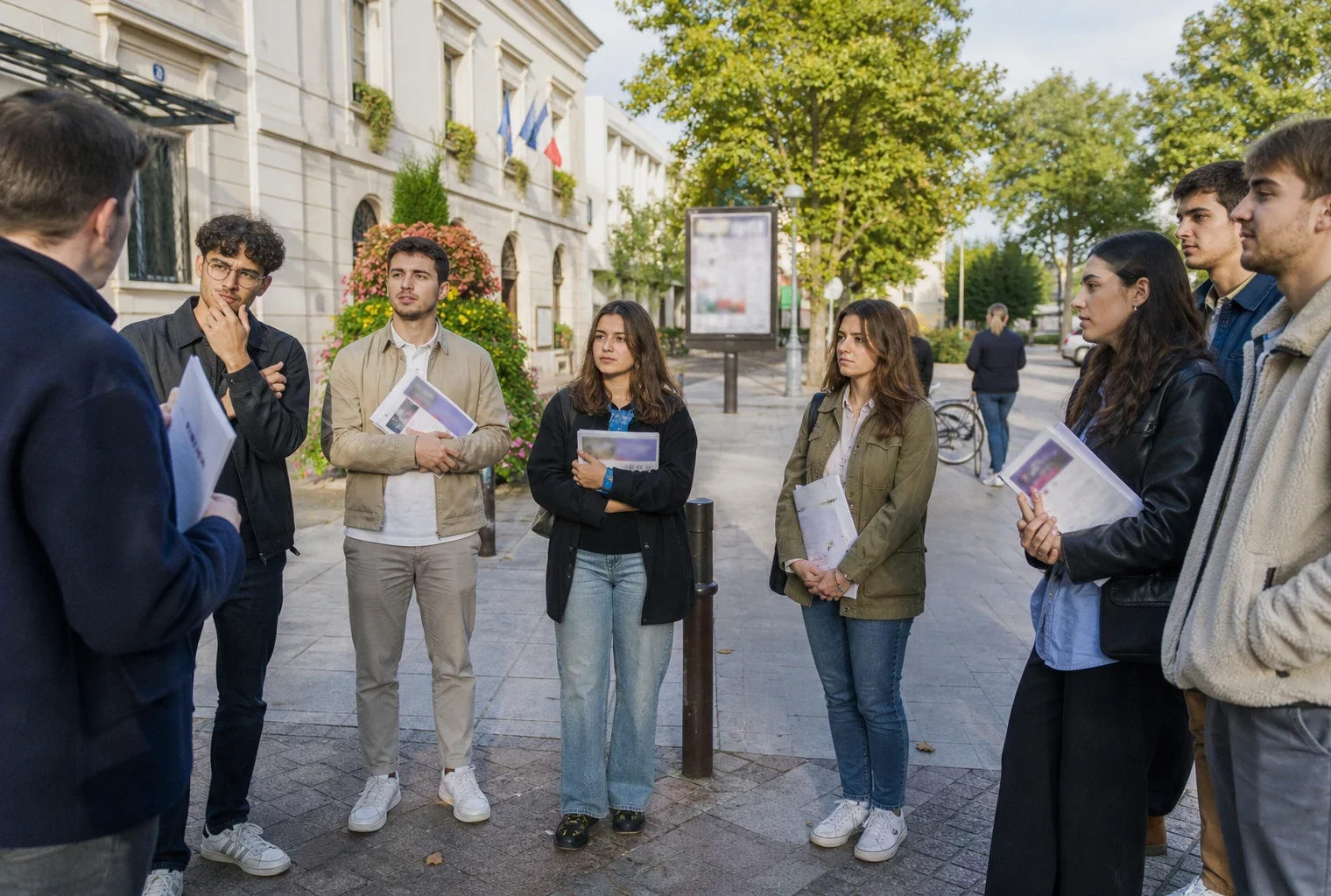 Jeunes militants réunis devant un équipement municipal à Nogent-sur-Marne pendant une campagne présidentielle