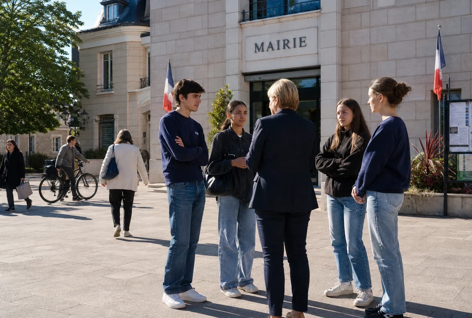 Jeunes citoyens échangeant avec un élu anonyme sur le parvis lumineux d’une mairie française