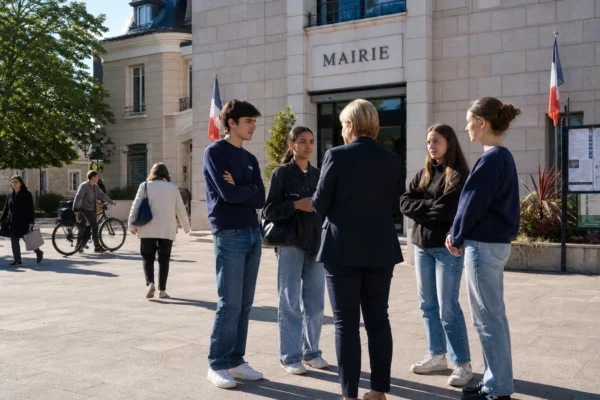 Jeunes citoyens échangeant avec un élu anonyme sur le parvis lumineux d’une mairie française