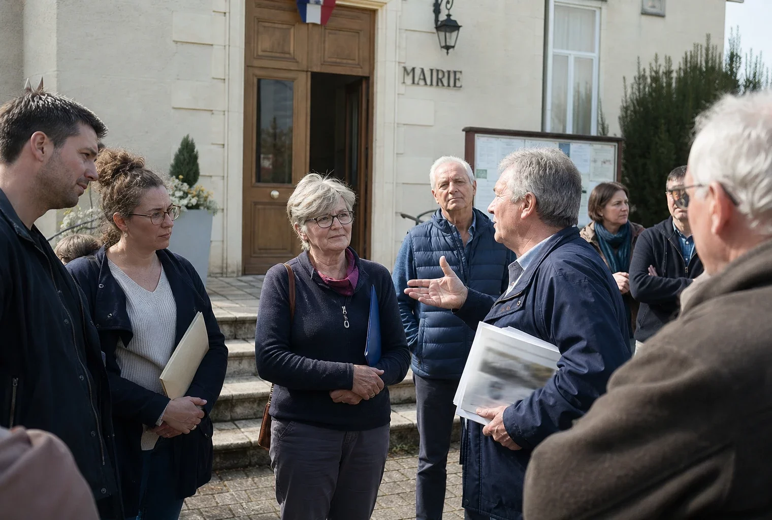 Citoyens anonymes réunis devant une mairie française pour une discussion politique locale