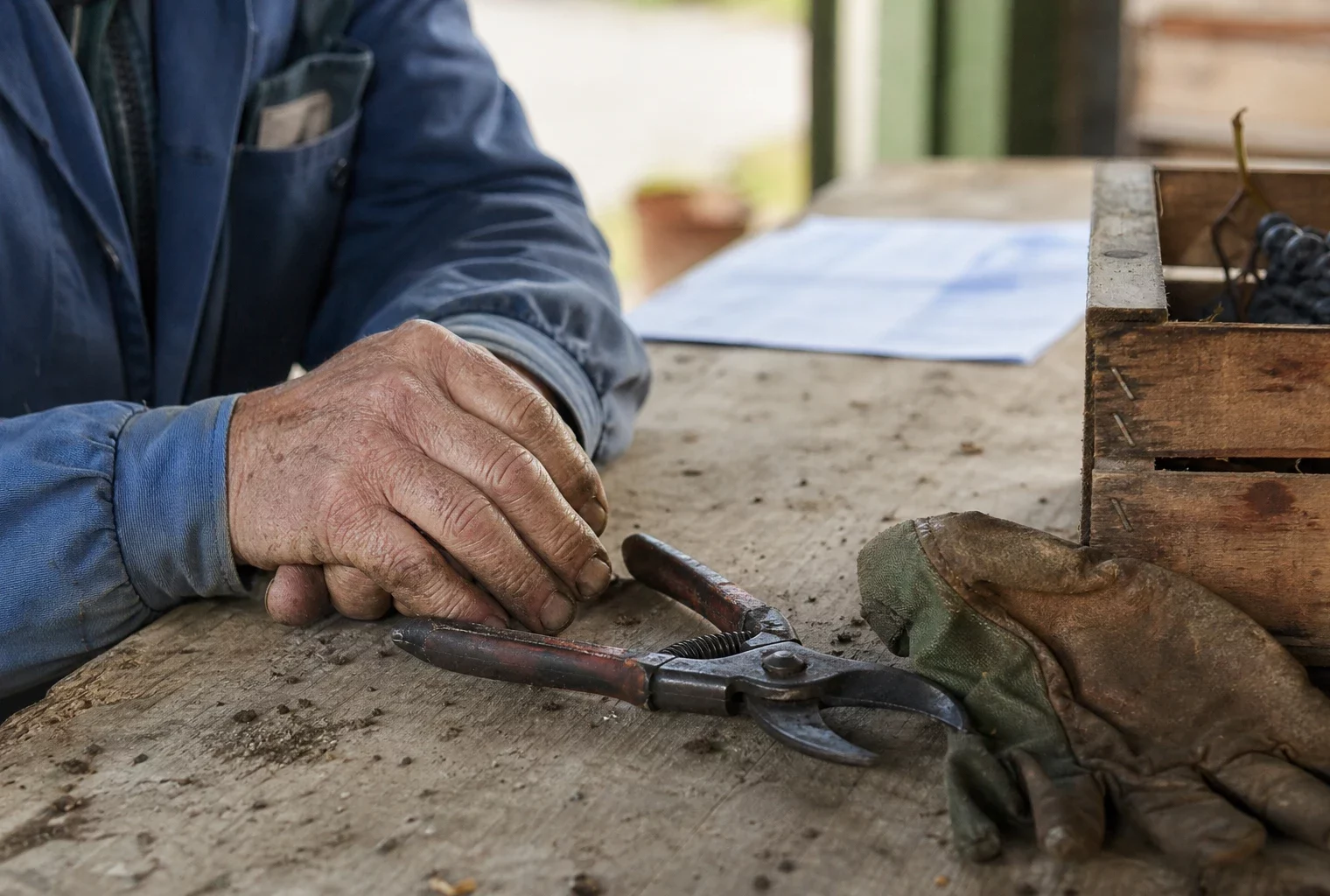 Mains d’un agriculteur âgé posées sur un outil dans un atelier rural français, symbole du travail avant la retraite