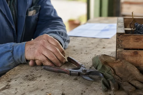 Mains d’un agriculteur âgé posées sur un outil dans un atelier rural français, symbole du travail avant la retraite