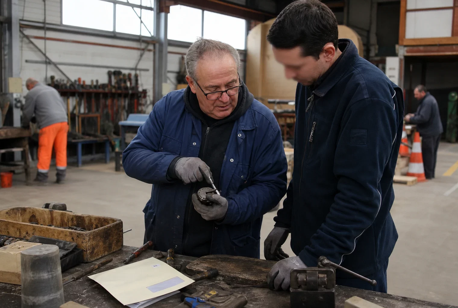 Deux travailleurs échangent dans un atelier français, illustrant les enjeux de carrière et de départ à la retraite