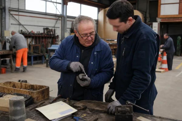 Deux travailleurs échangent dans un atelier français, illustrant les enjeux de carrière et de départ à la retraite