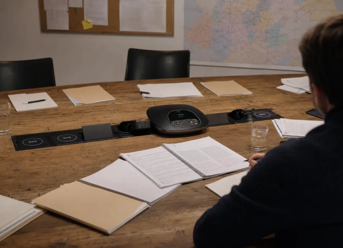 Table de réunion dans un siège de parti à Paris, dossiers électoraux ouverts, notes éparses et ambiance de travail au chaud.