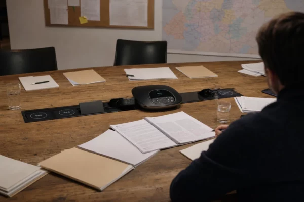Table de réunion dans un siège de parti à Paris, dossiers électoraux ouverts, notes éparses et ambiance de travail au chaud.