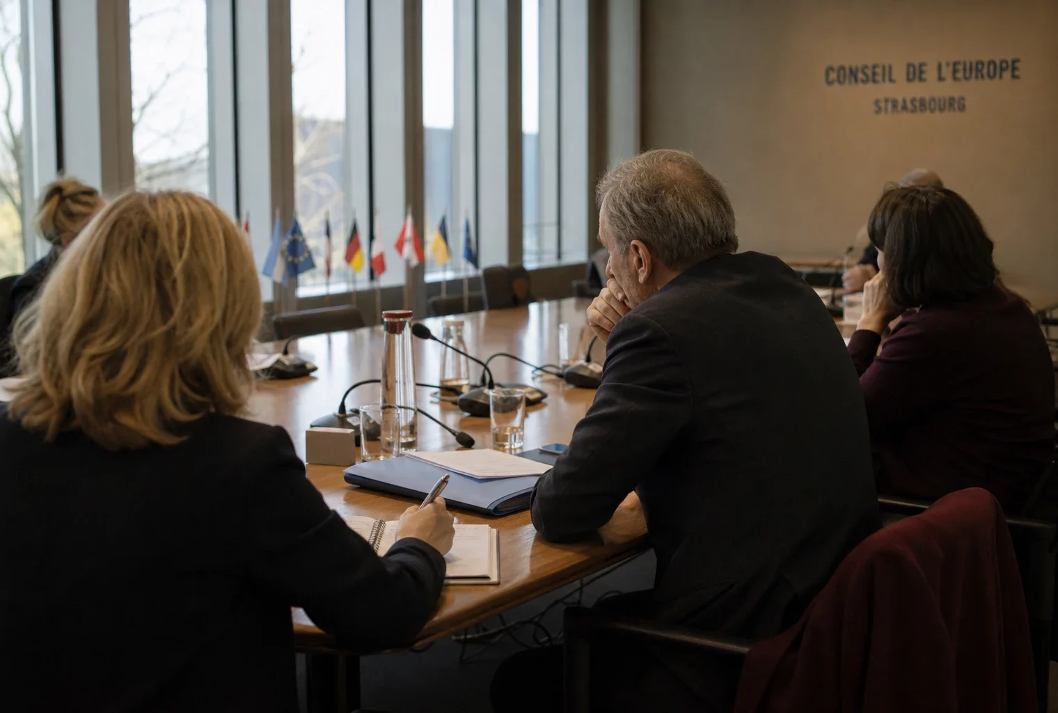 Réunion européenne à Strasbourg, avec des députés anonymes autour d’une table couverte de dossiers et de micros