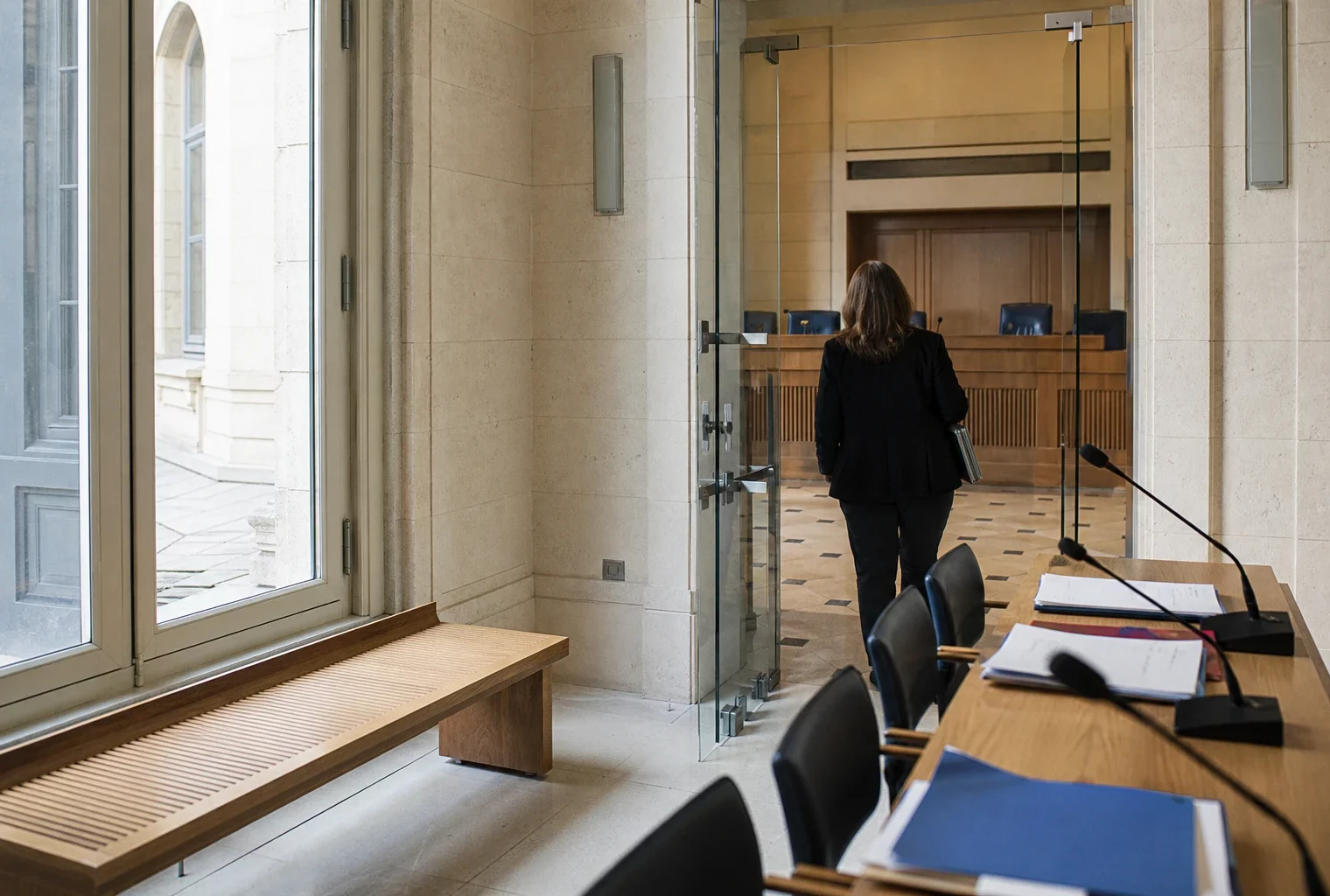 Couloir lumineux d’un bâtiment institutionnel français ouvrant sur une salle d’audition constitutionnelle vide