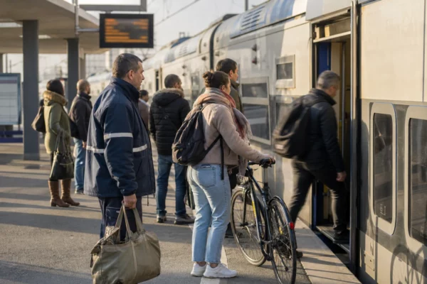 Usagers anonymes sur un quai de gare français, une scène de mobilité quotidienne liée au travail et au pouvoir d’achat