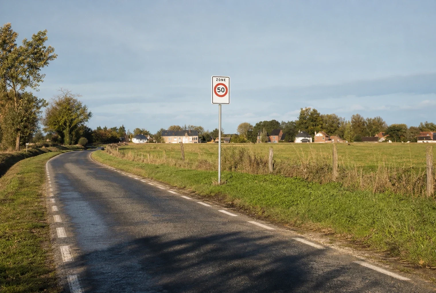 Route départementale française à deux voies, panneau de limitation, herbes bordant la chaussée, maisons lointaines sous une lumière d’hiver.