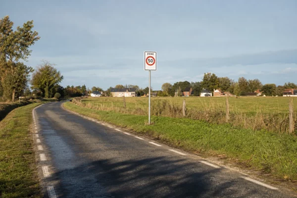 Route départementale française à deux voies, panneau de limitation, herbes bordant la chaussée, maisons lointaines sous une lumière d’hiver.