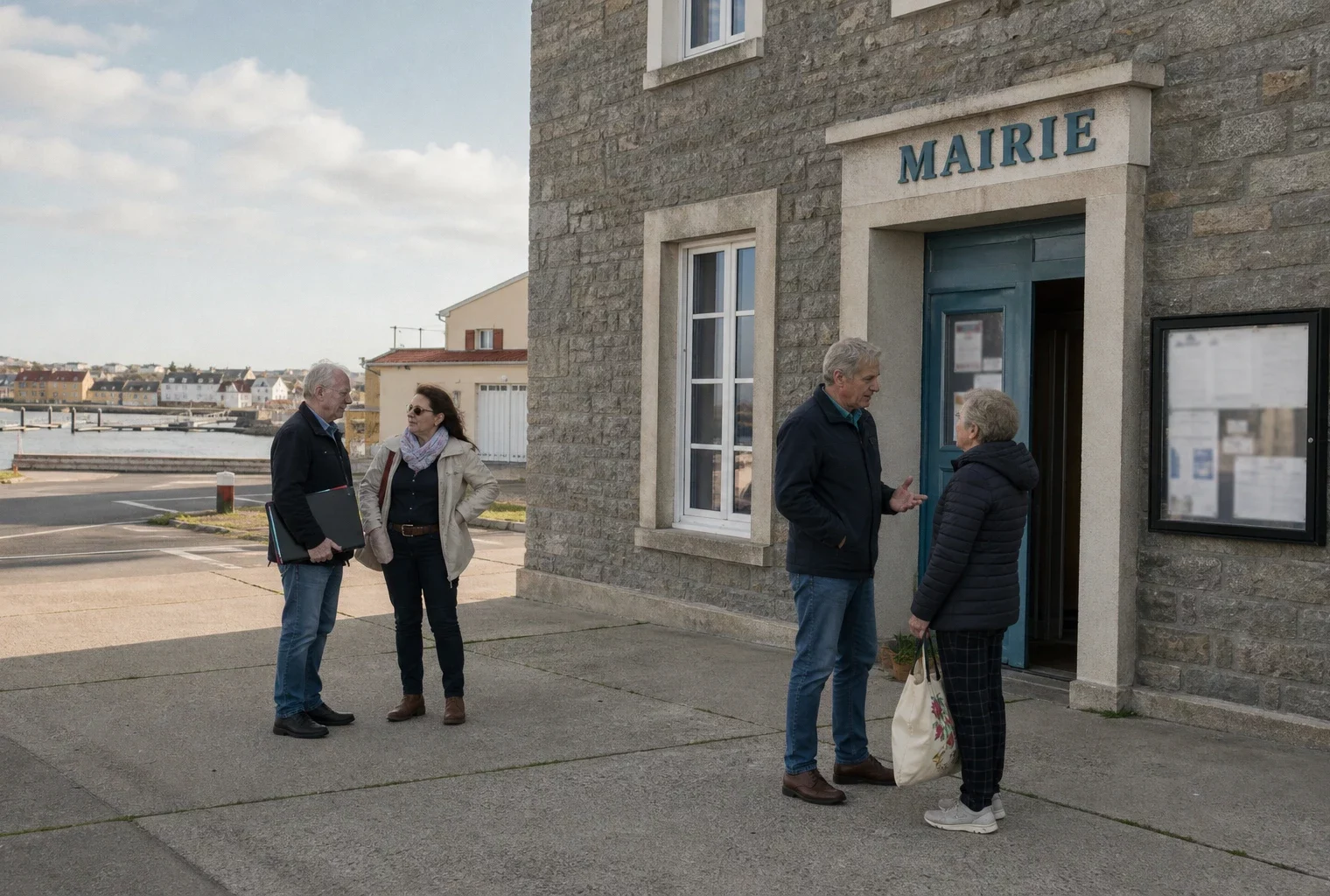 Habitants et élus anonymes échangent devant une mairie de Saint-Pierre-et-Miquelon, sous une lumière naturelle claire