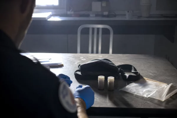 Dans un commissariat, un sac ouvert et deux contenants saisis sur une table d’enquête.