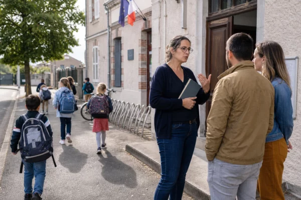 Enseignant échangeant avec des parents devant une école publique française dans une ville moyenne