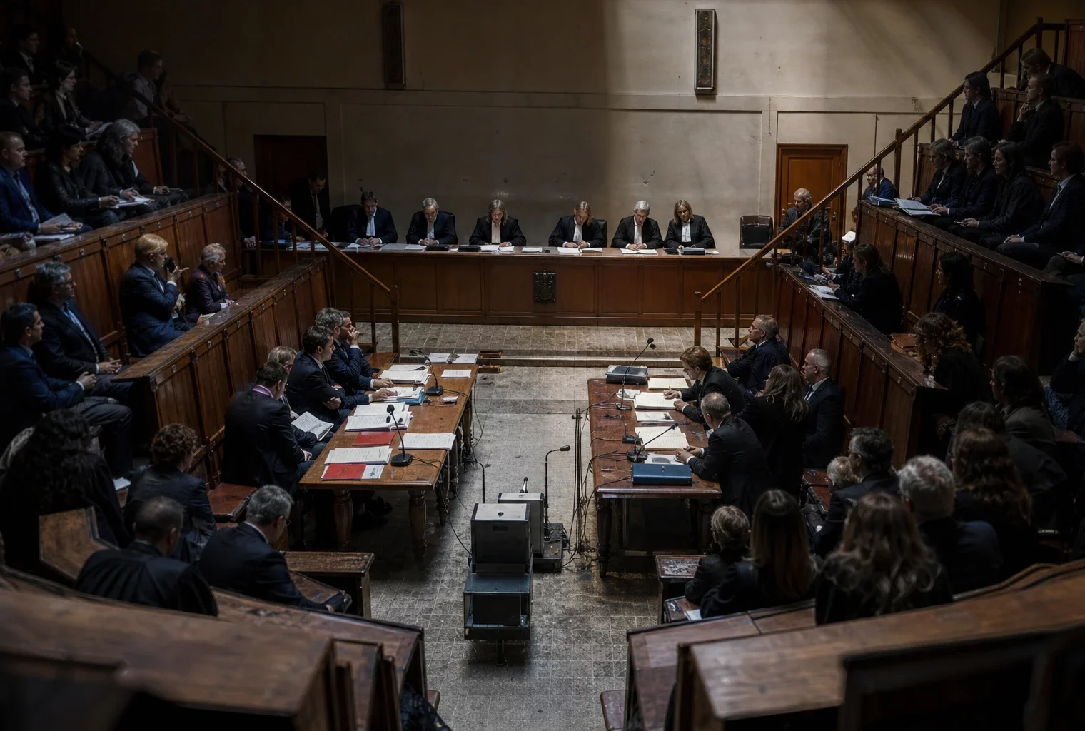 Salle d’audience vide de la cour d’appel de Paris, avec bancs de bois usés, tables de la défense et du parquet, micros et dossiers.