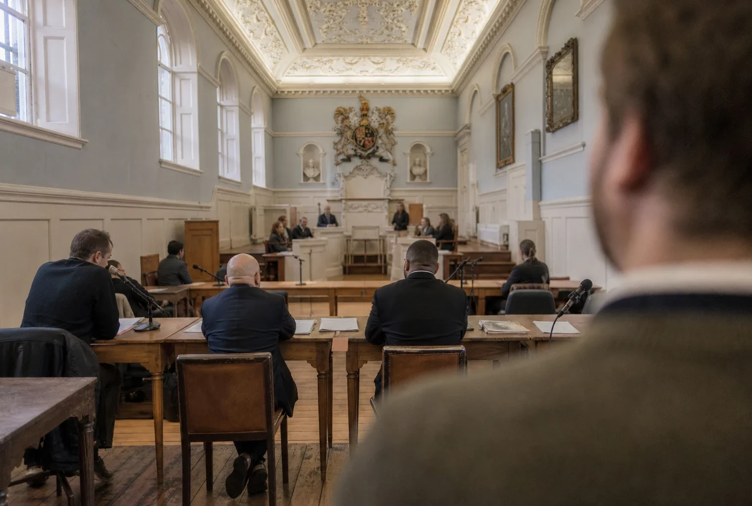 Salle d’audience du tribunal judiciaire de Paris, vue en plongée légère sur les tables des prévenus, micros et dossiers, bancs au fond.