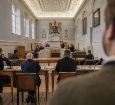 Salle d’audience du tribunal judiciaire de Paris, vue en plongée légère sur les tables des prévenus, micros et dossiers, bancs au fond.