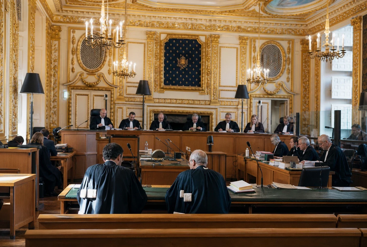 Salle d’audience dorée du palais de justice de Paris, pupitres d’avocats et dossiers au premier plan, estrade au fond.