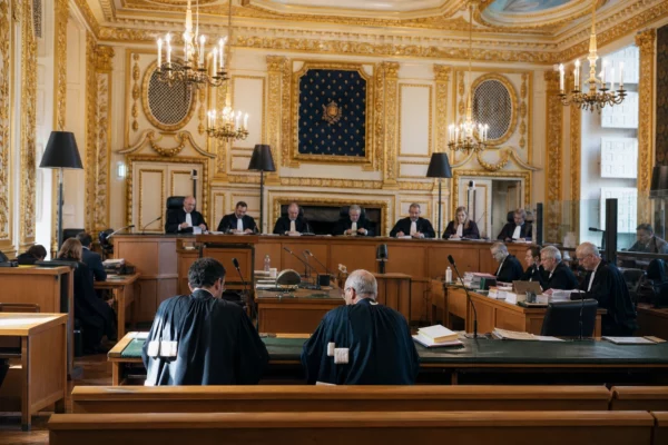 Salle d’audience dorée du palais de justice de Paris, pupitres d’avocats et dossiers au premier plan, estrade au fond.