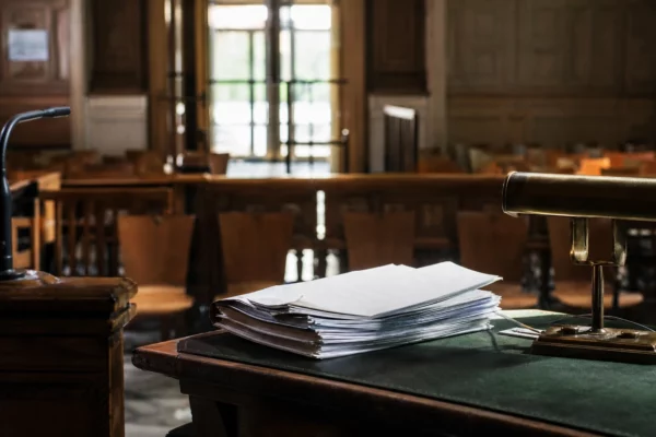 Salle d’audience vide d’un tribunal, avec bancs, tables et dossiers, où doit se jouer une décision de référé.