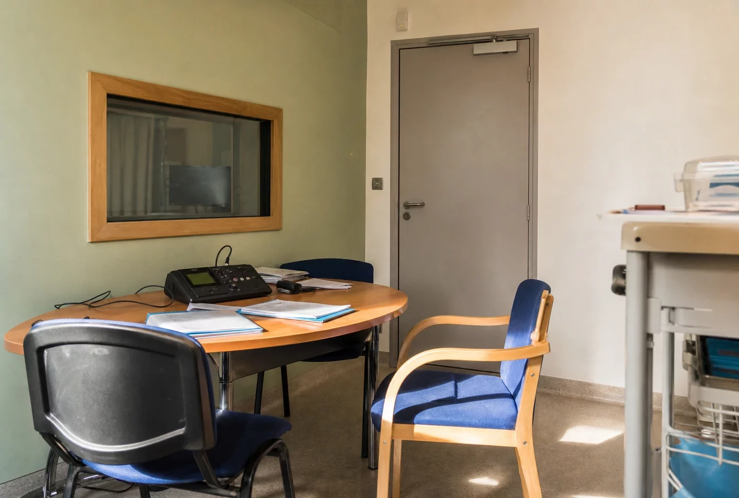 Salle d’audition pédiatrique avec table, chaises et matériel d’enregistrement dans un hôpital français.