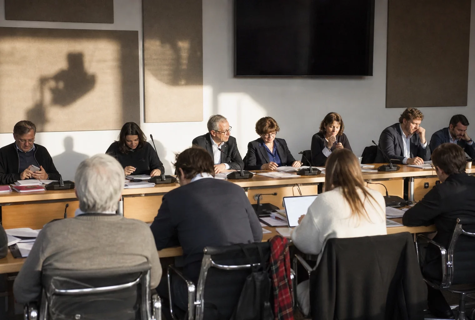 Salle de réunion sobre avec table, micros et chaises, évoquant une décision interne du Parti socialiste.