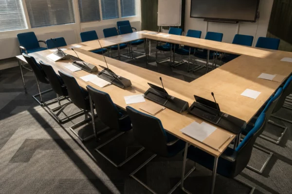 Salle de commission du Sénat à Paris, vue plongeante sur une table de réunion, pupitres, micros et dossiers laissés en place.