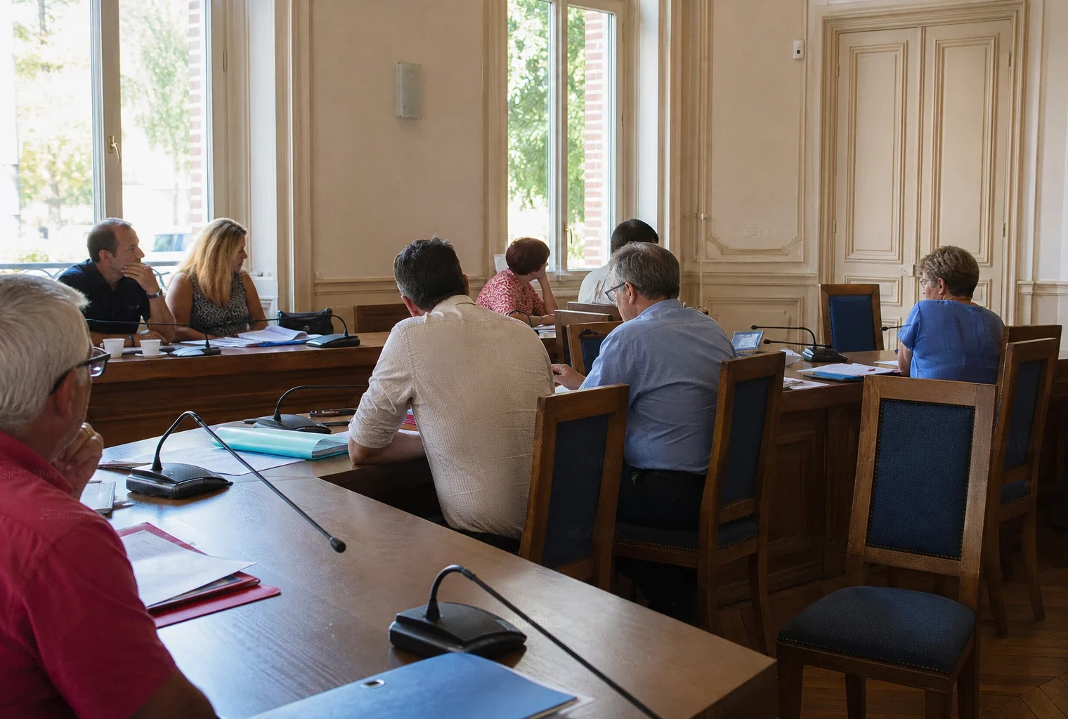 Salle de conseil municipal française avec élus anonymes, micros et une chaise vide autour d’une table en bois