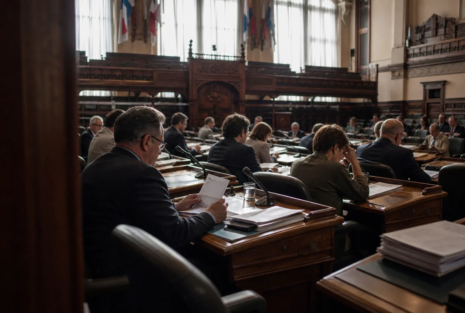 Salle du conseil municipal vide, pupitres des élus, micros et dossiers, dans une mairie française aux boiseries usées.