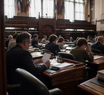 Salle du conseil municipal vide, pupitres des élus, micros et dossiers, dans une mairie française aux boiseries usées.