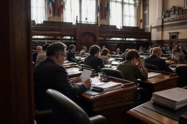 Salle du conseil municipal vide, pupitres des élus, micros et dossiers, dans une mairie française aux boiseries usées.
