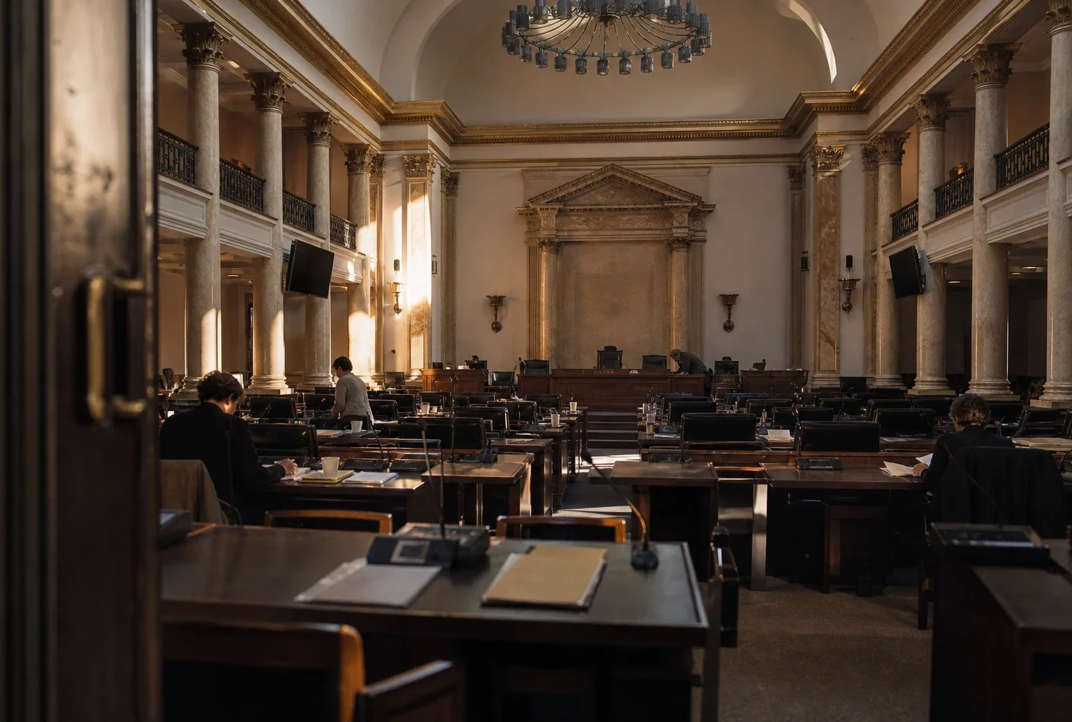 Salle de conseil municipal charentaise-maritime avec tables de réunion, dossiers et micros sous une lumière d’hiver rasante.