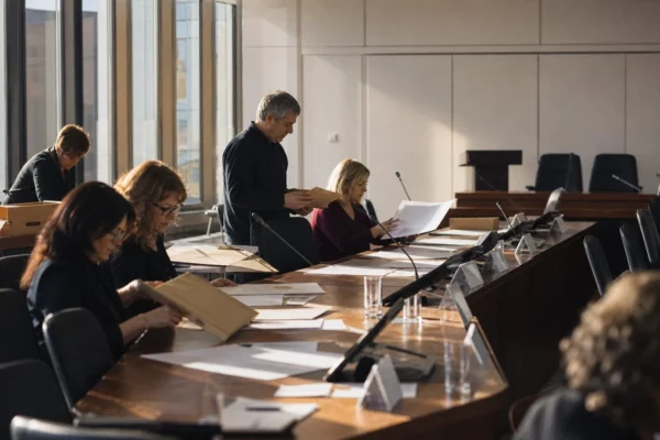 Salle du conseil municipal vide avec tables alignées, micros, dossiers de vote et chaises en arrière-plan, lumière d’hiver.