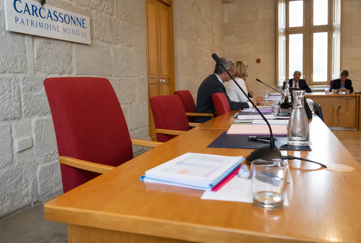 Salle de conseil municipal française avec chaise vide, micros et dossiers après une polémique impliquant la police municipale